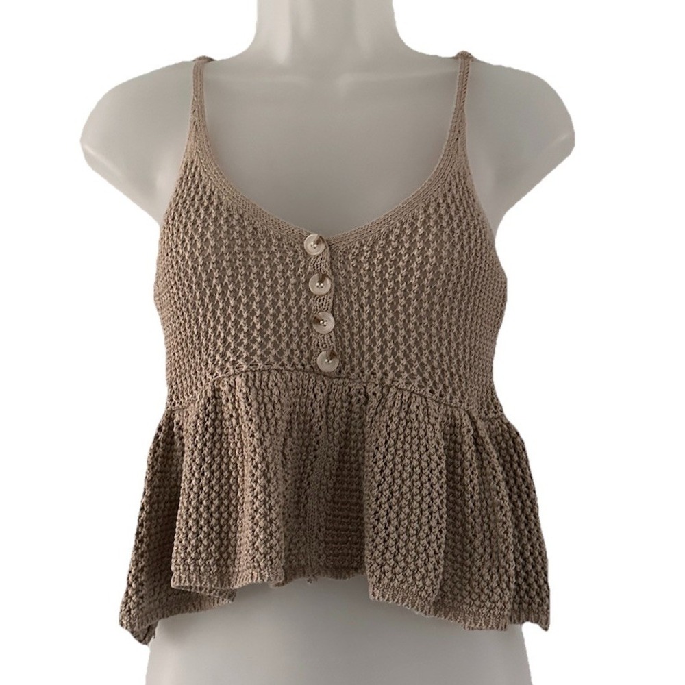 No Boundaries Knit Crop Top Womens XS Taupe Peplum Spaghetti Straps Buttons Boho